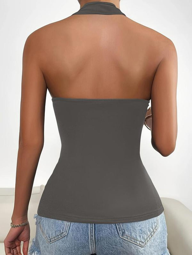 Women'S Solid Zipper Halter Neck Backless Top, Summer Clothes Women, Street Fashion Casual Sleeveless Top for Daily Outdoor Wear, Women Clothing for Summer